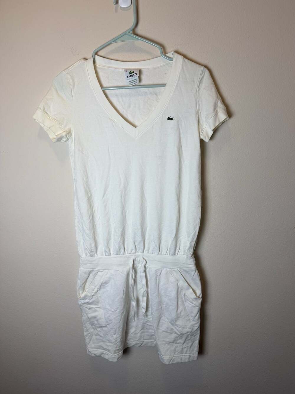 Lacoste Terry Romper Size 36 White V-Neck Drawstring Pockets